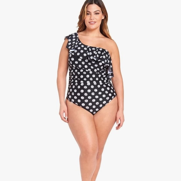 NEW LYSA PLUS Size Black and White Polka Dot One-Shoulder Swimsuit - Picture 1 of 13